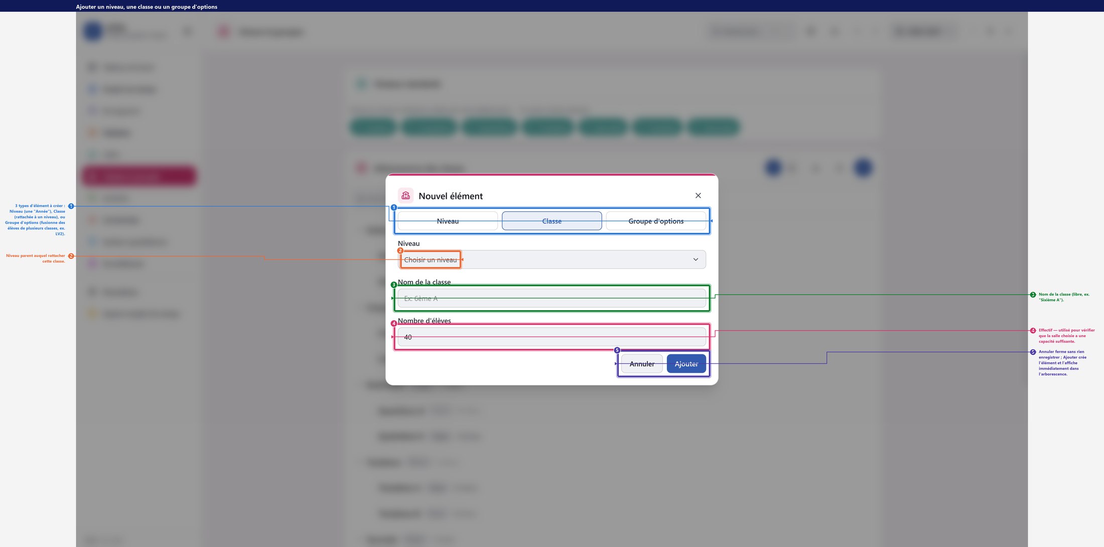 Ajouter un niveau, une classe ou un groupe d'options